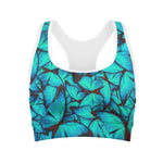 Turquoise Butterfly Pattern Print Women's Sports Bra