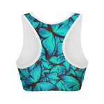Turquoise Butterfly Pattern Print Women's Sports Bra