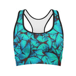 Turquoise Butterfly Pattern Print Women's Sports Bra