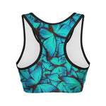 Turquoise Butterfly Pattern Print Women's Sports Bra