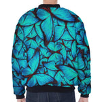 Turquoise Butterfly Pattern Print Zip Sleeve Bomber Jacket