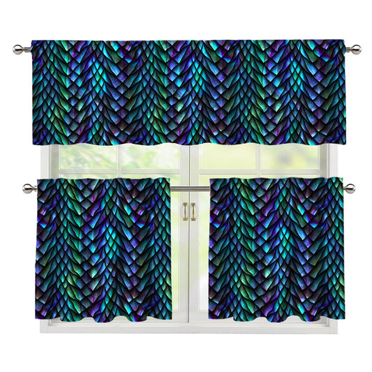 Turquoise Dragon Scales Pattern Print 3 Piece Kitchen Curtains