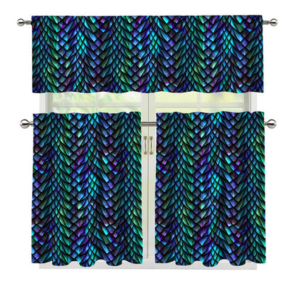 Turquoise Dragon Scales Pattern Print 3 Piece Kitchen Curtains