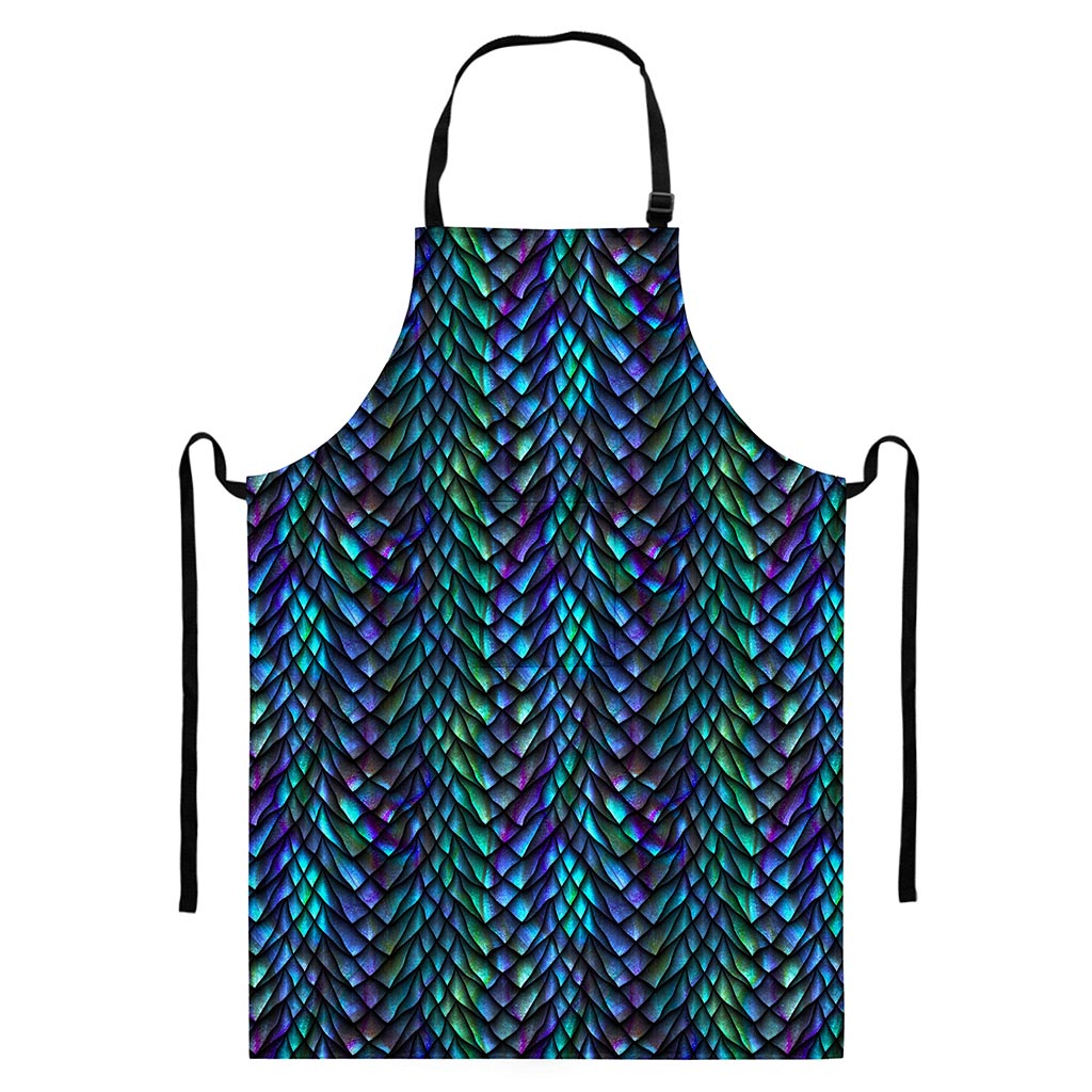 Turquoise Dragon Scales Pattern Print Bib Apron With Pocket