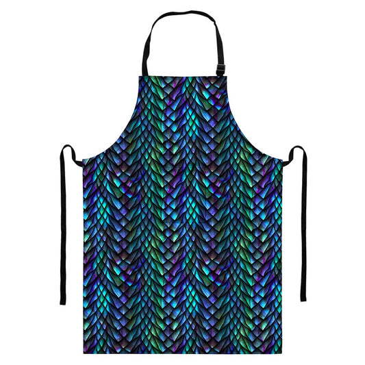 Turquoise Dragon Scales Pattern Print Bib Apron With Pocket