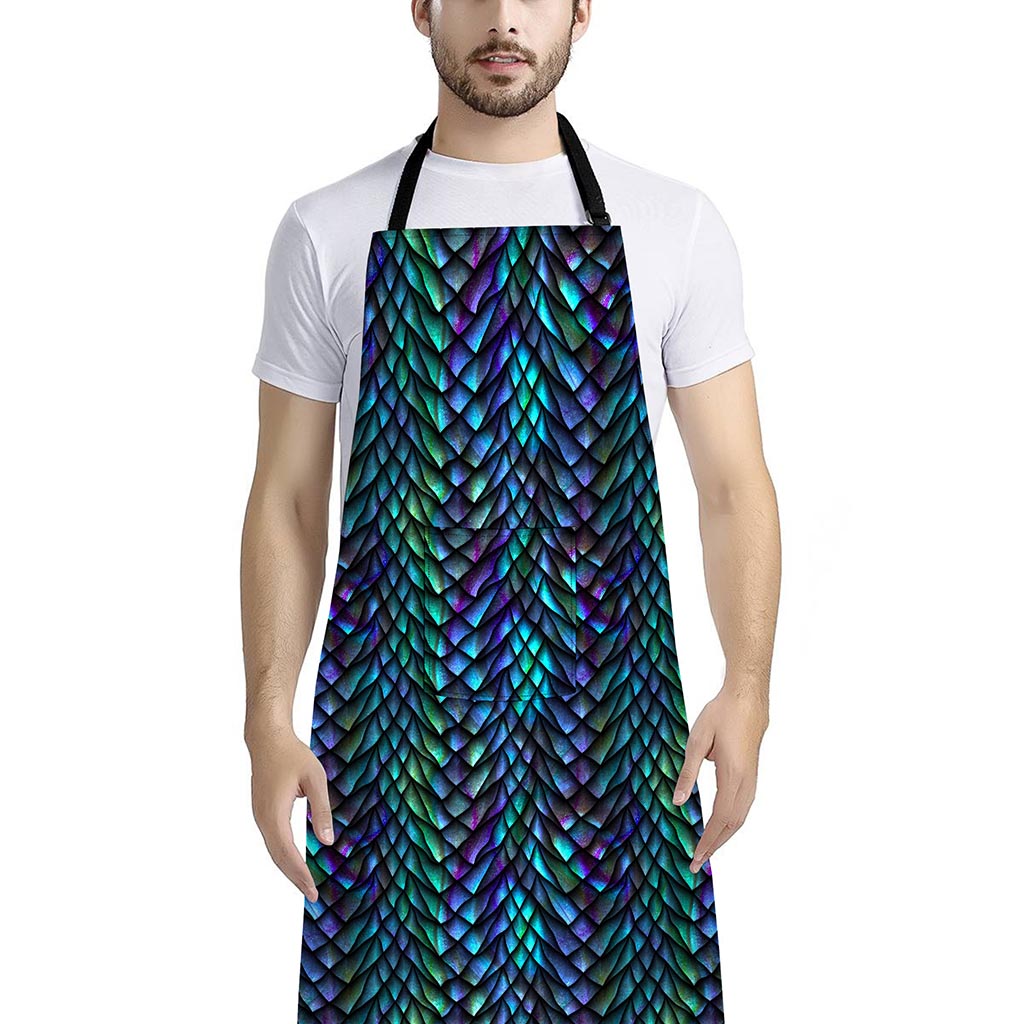 Turquoise Dragon Scales Pattern Print Bib Apron With Pocket