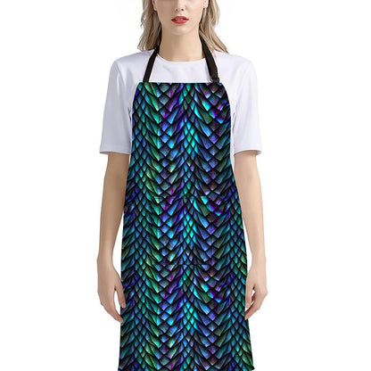 Turquoise Dragon Scales Pattern Print Bib Apron With Pocket