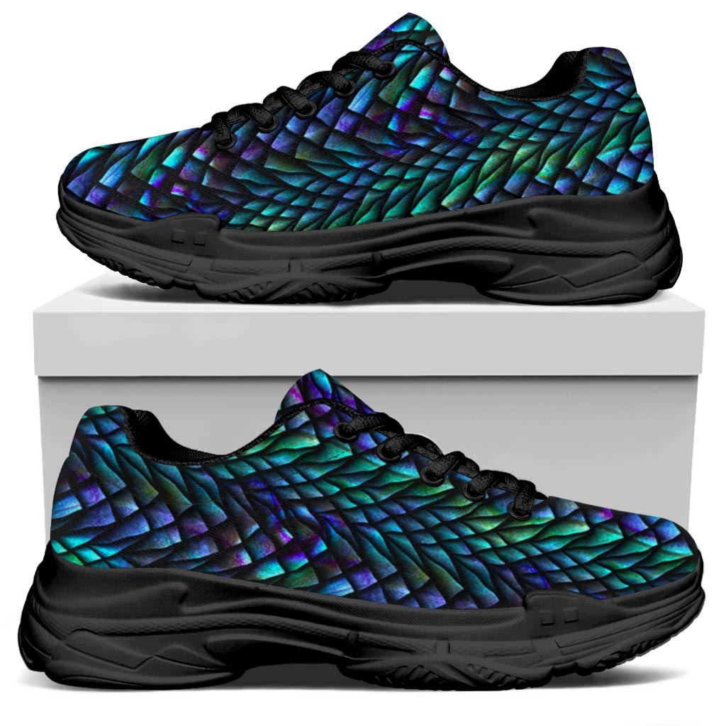 Turquoise Dragon Scales Pattern Print Black Chunky Shoes