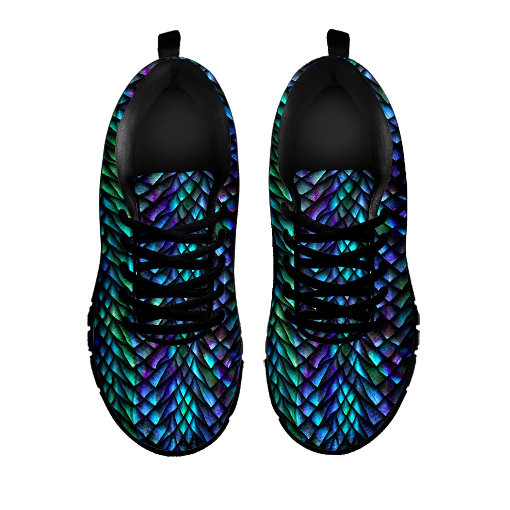 Turquoise Dragon Scales Pattern Print Black Running Shoes