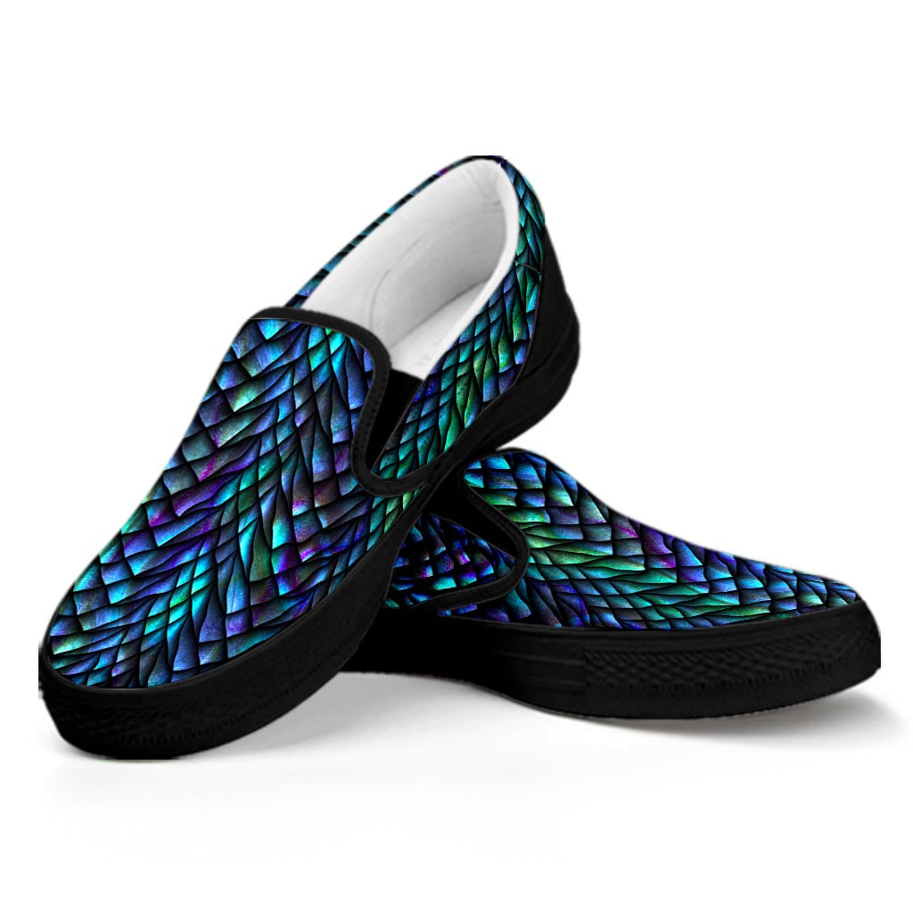 Turquoise Dragon Scales Pattern Print Black Slip On Sneakers