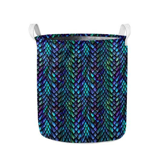 Turquoise Dragon Scales Pattern Print Collapsible Laundry Basket