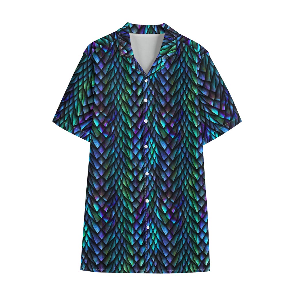 Turquoise Dragon Scales Pattern Print Cotton Hawaiian Shirt