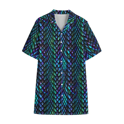 Turquoise Dragon Scales Pattern Print Cotton Hawaiian Shirt
