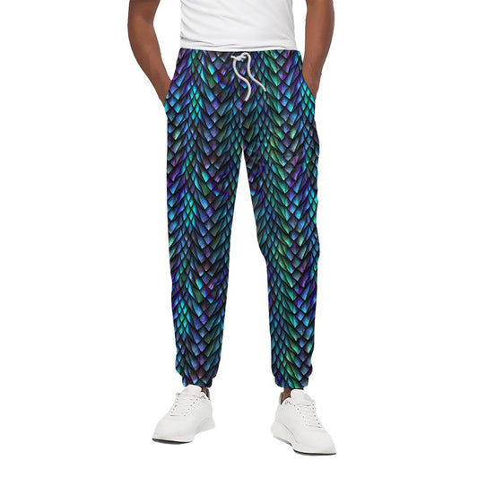 Turquoise Dragon Scales Pattern Print Cotton Pants