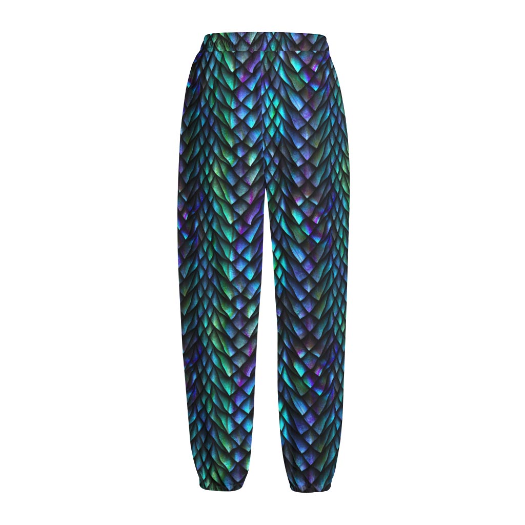 Turquoise Dragon Scales Pattern Print Fleece Lined Knit Pants