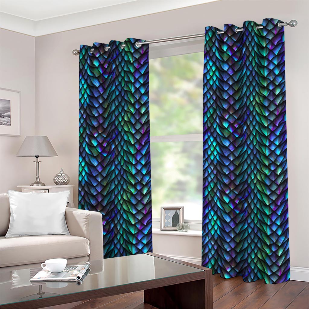 Turquoise Dragon Scales Pattern Print Grommet Curtains