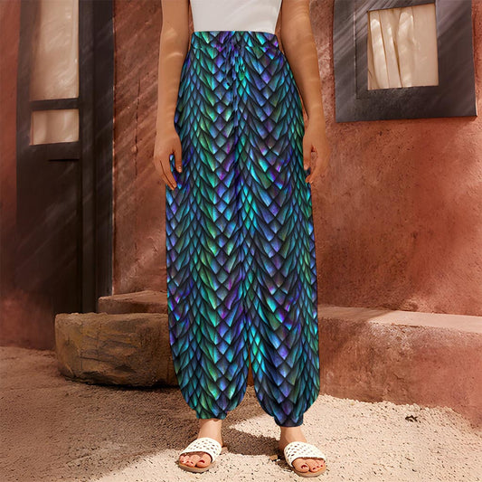 Turquoise Dragon Scales Pattern Print Harem Pants