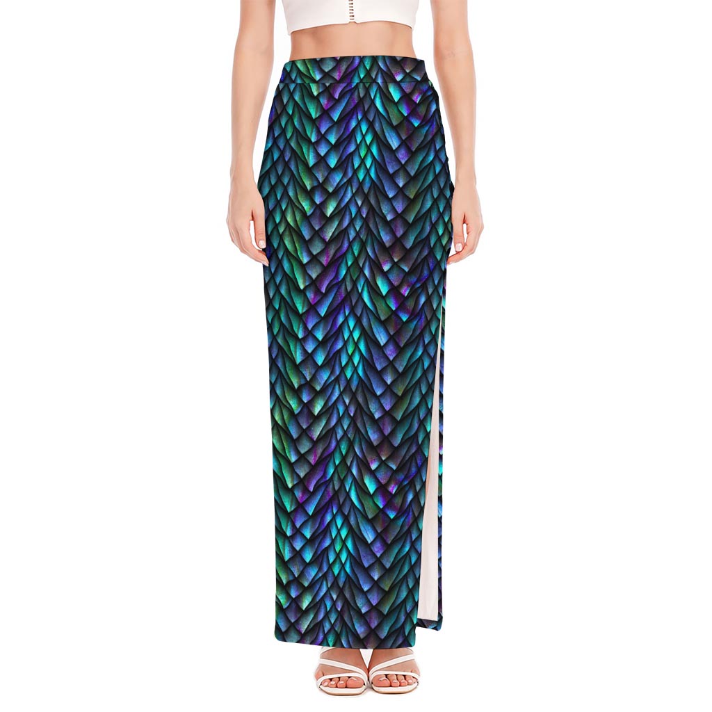 Turquoise Dragon Scales Pattern Print High Slit Maxi Skirt