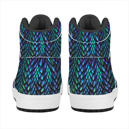 Turquoise Dragon Scales Pattern Print High Top Leather Sneakers