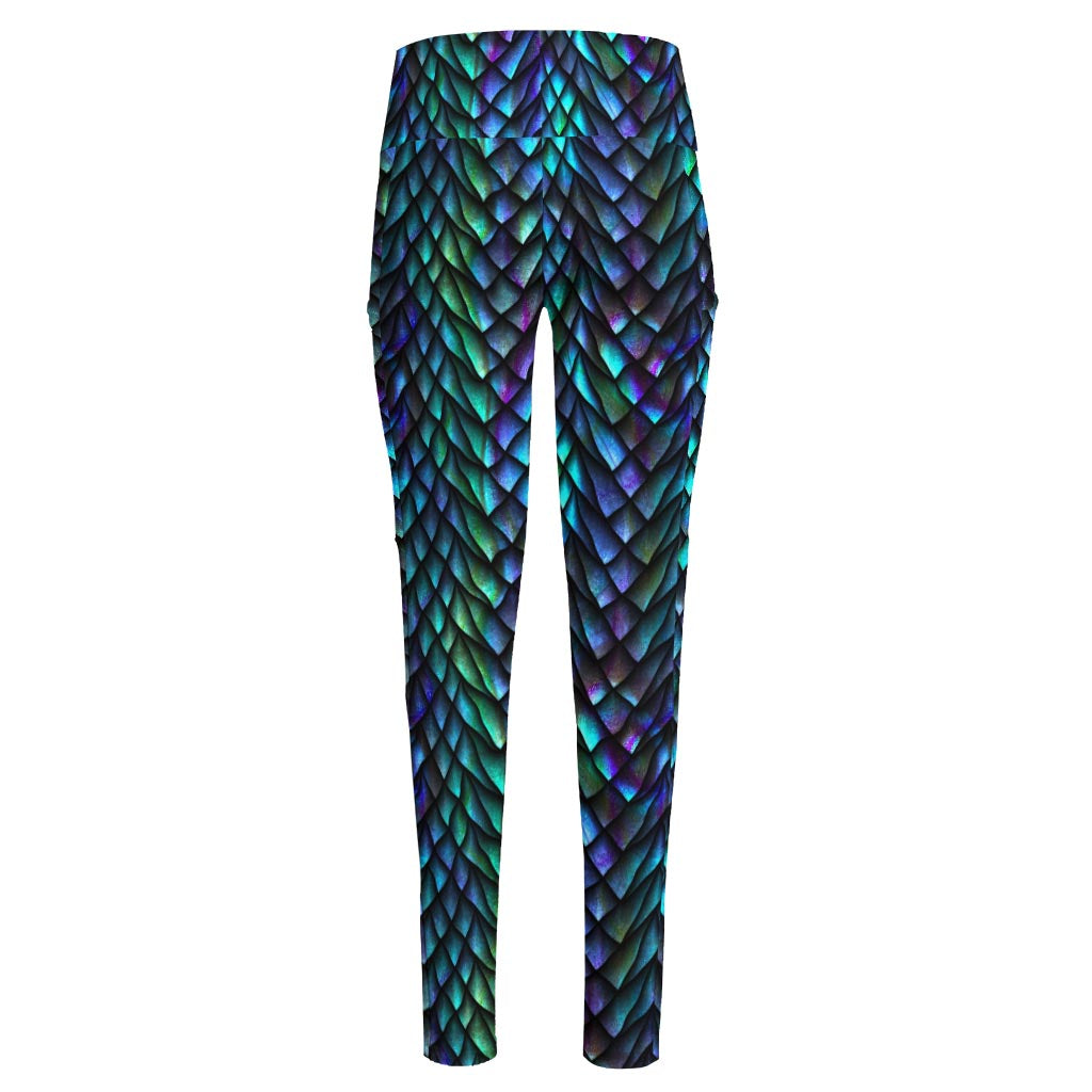 Turquoise Dragon Scales Pattern Print High-Waisted Pocket Leggings