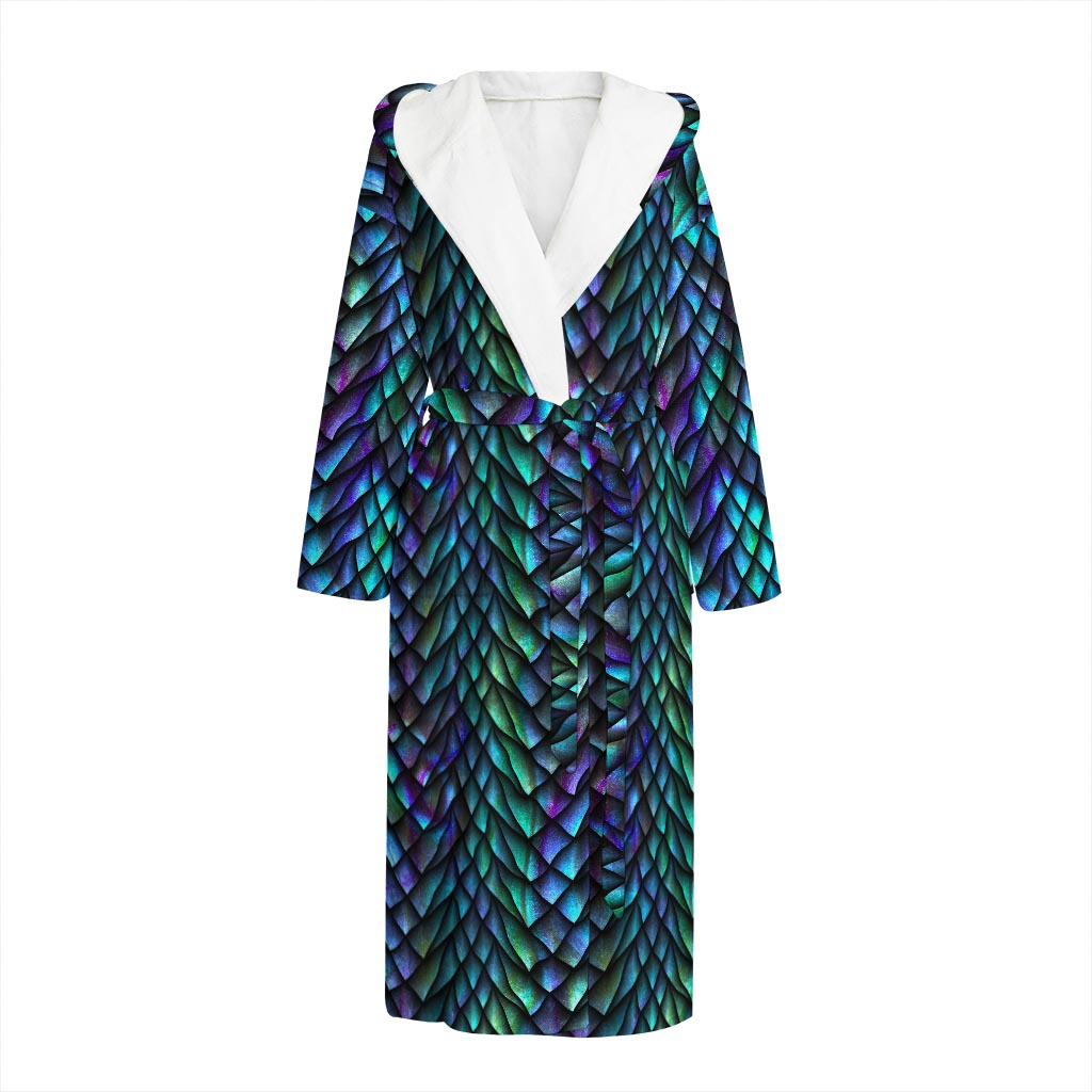 Turquoise Dragon Scales Pattern Print Hooded Bathrobe