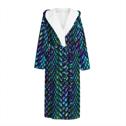 Turquoise Dragon Scales Pattern Print Hooded Bathrobe