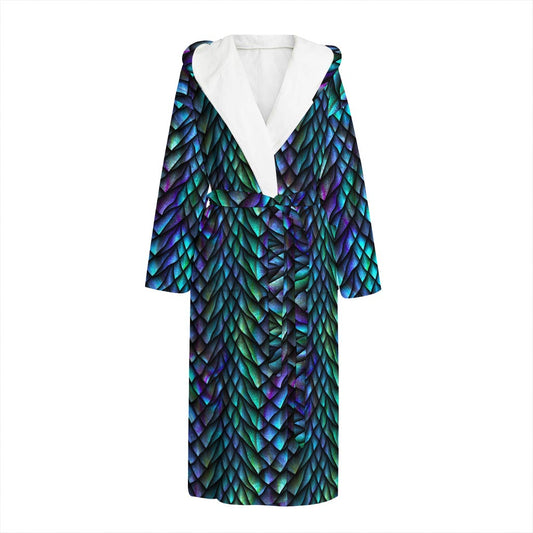 Turquoise Dragon Scales Pattern Print Hooded Bathrobe