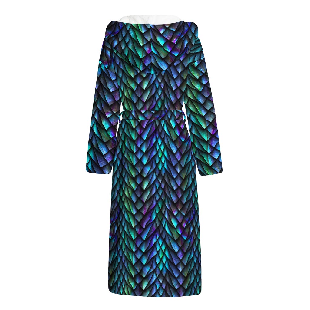 Turquoise Dragon Scales Pattern Print Hooded Bathrobe