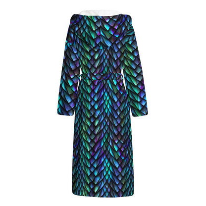 Turquoise Dragon Scales Pattern Print Hooded Bathrobe