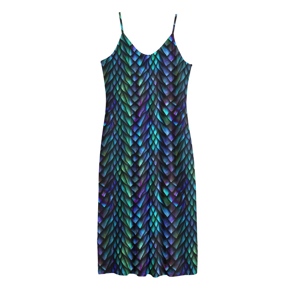 Turquoise Dragon Scales Pattern Print Jersey Midi Cami Dress