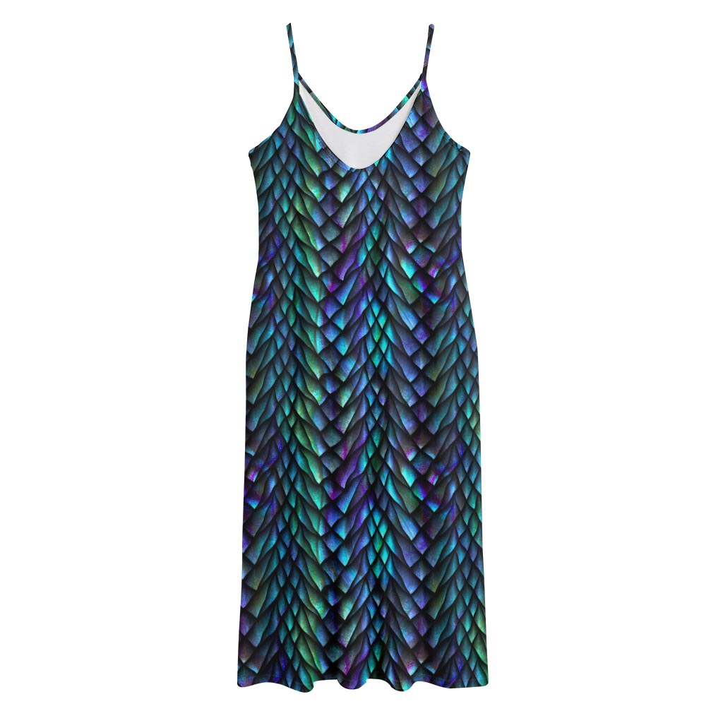 Turquoise Dragon Scales Pattern Print Jersey Midi Cami Dress