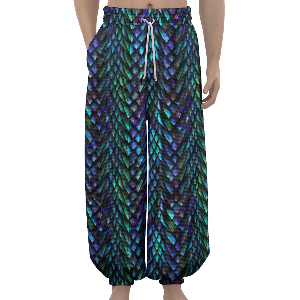 Turquoise Dragon Scales Pattern Print Lantern Pants