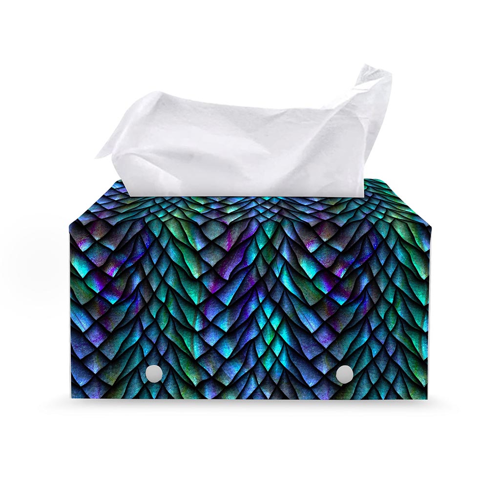 Turquoise Dragon Scales Pattern Print Leather Tissue Box Cover