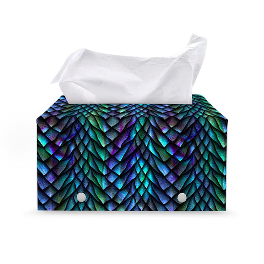 Turquoise Dragon Scales Pattern Print Leather Tissue Box Cover