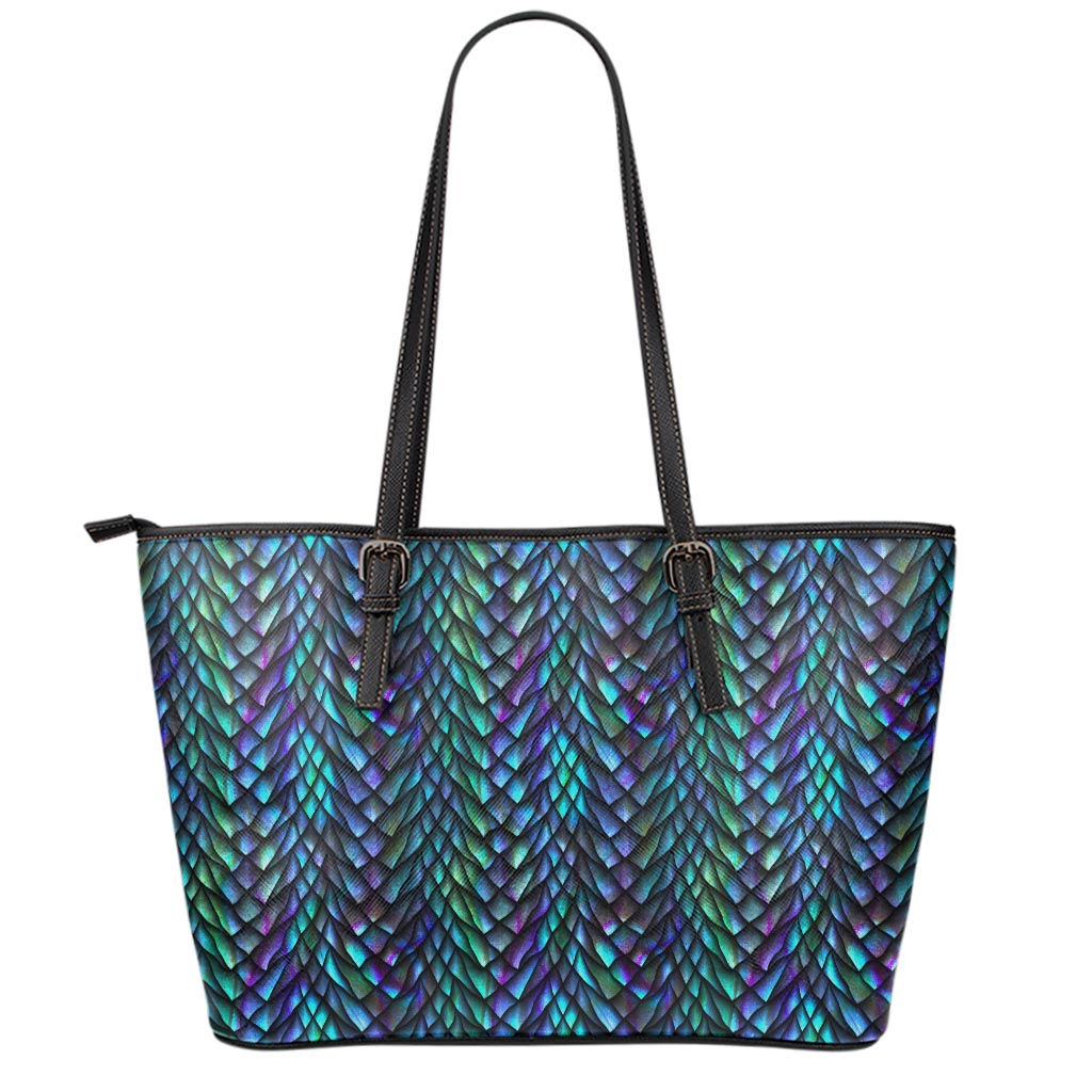 Turquoise Dragon Scales Pattern Print Leather Tote Bag
