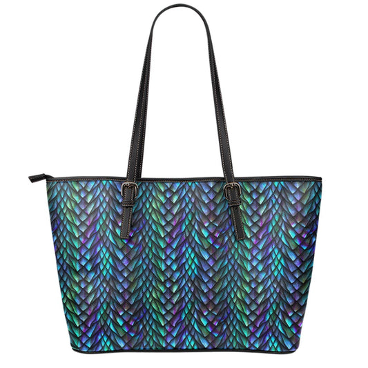 Turquoise Dragon Scales Pattern Print Leather Tote Bag