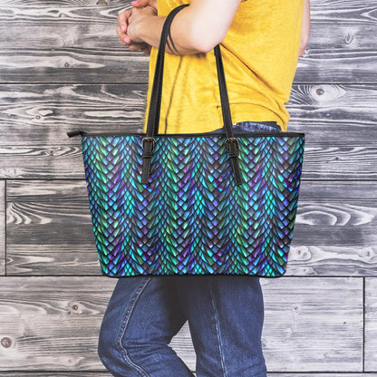 Turquoise Dragon Scales Pattern Print Leather Tote Bag