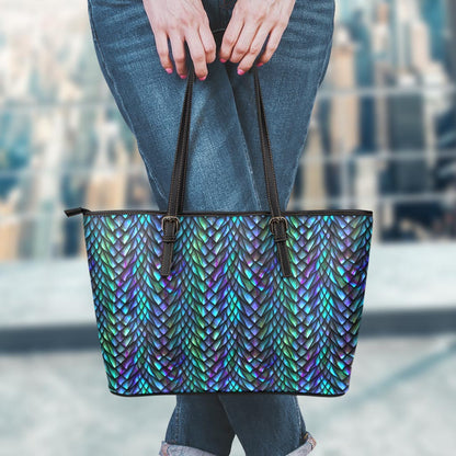 Turquoise Dragon Scales Pattern Print Leather Tote Bag