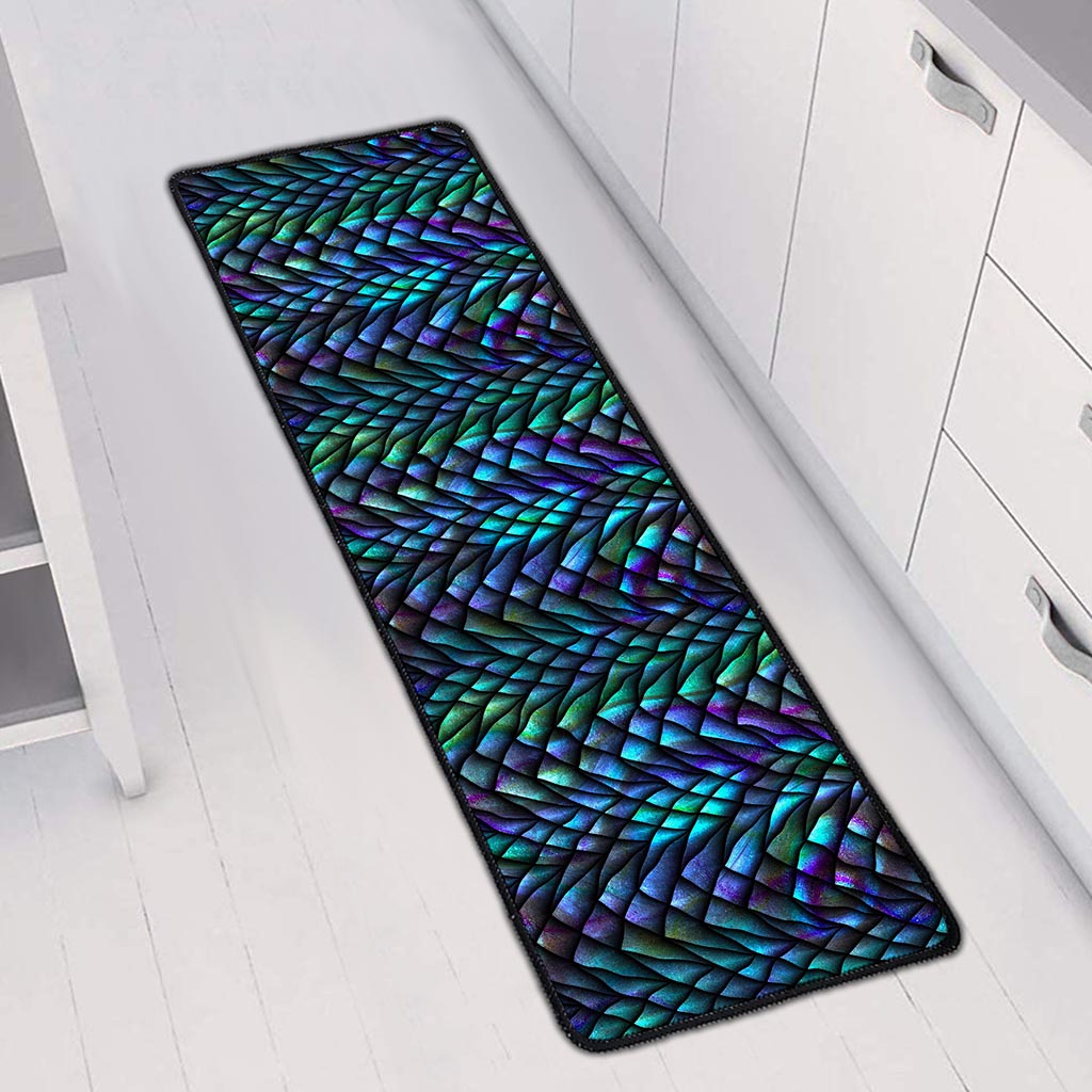 Turquoise Dragon Scales Pattern Print Long Kitchen Mat