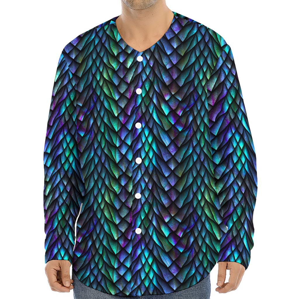 Turquoise Dragon Scales Pattern Print Long Sleeve Baseball Jersey