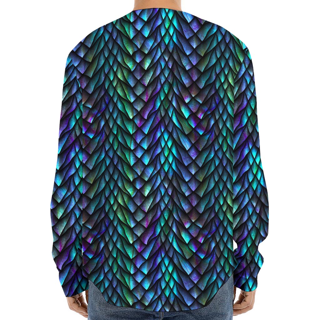 Turquoise Dragon Scales Pattern Print Long Sleeve Baseball Jersey