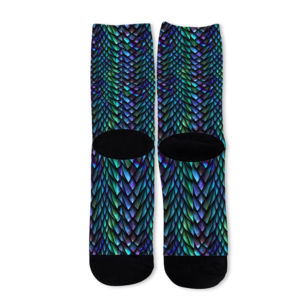 Turquoise Dragon Scales Pattern Print Long Socks