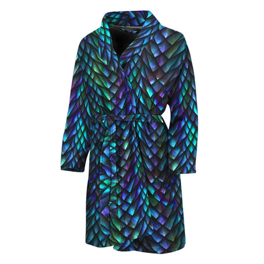Turquoise Dragon Scales Pattern Print Men's Bathrobe