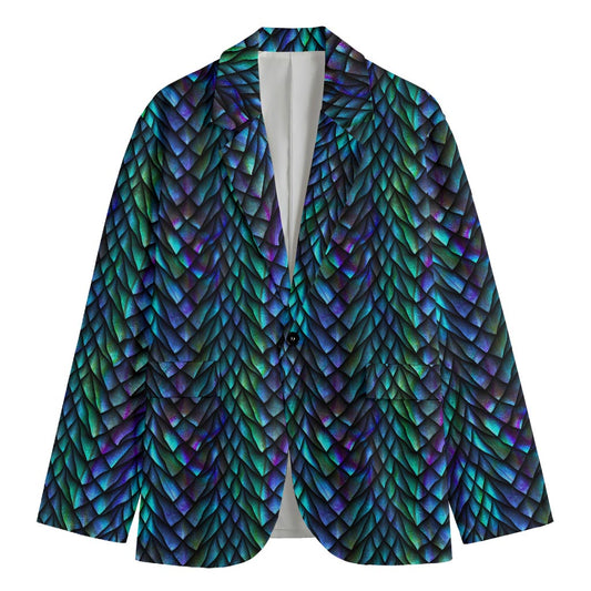 Turquoise Dragon Scales Pattern Print Men's Blazer