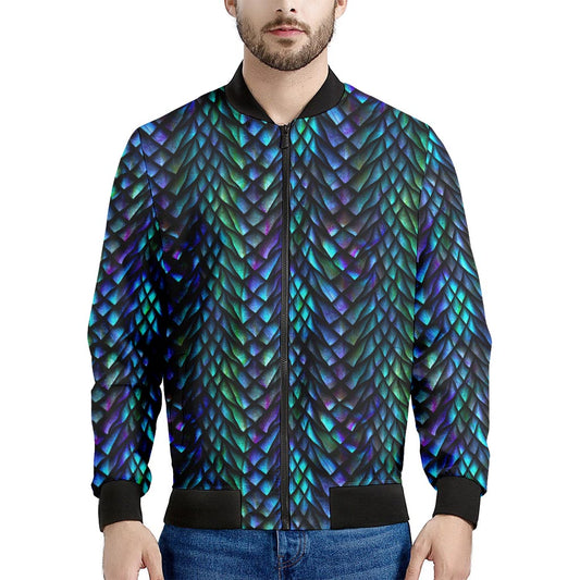Turquoise Dragon Scales Pattern Print Men's Bomber Jacket