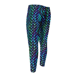 Turquoise Dragon Scales Pattern Print Men's Compression Pants