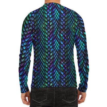 Turquoise Dragon Scales Pattern Print Men's Long Sleeve Rash Guard