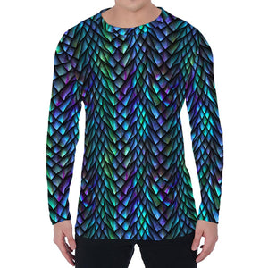 Turquoise Dragon Scales Pattern Print Men's Long Sleeve T-Shirt