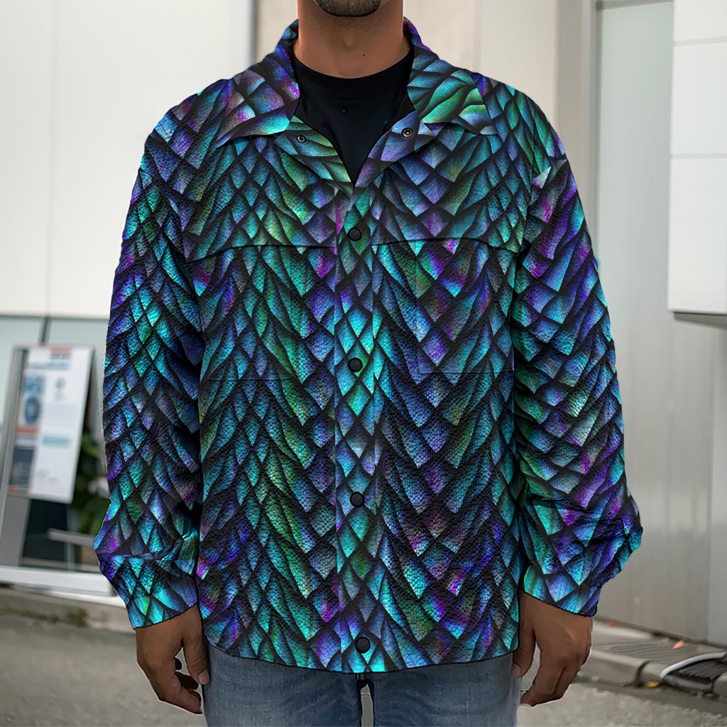 Turquoise Dragon Scales Pattern Print Men's Shirt Jacket