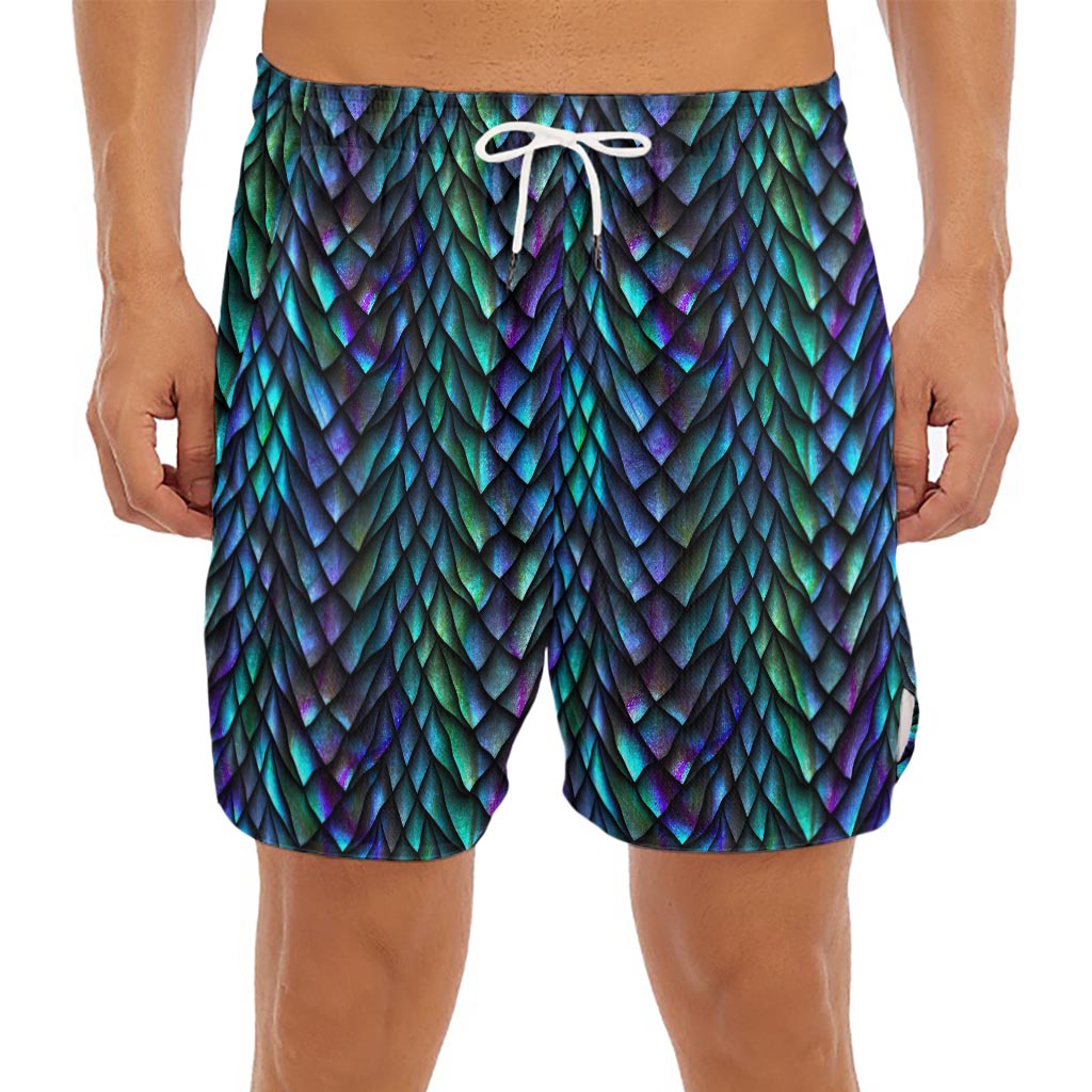 Turquoise Dragon Scales Pattern Print Men's Split Running Shorts